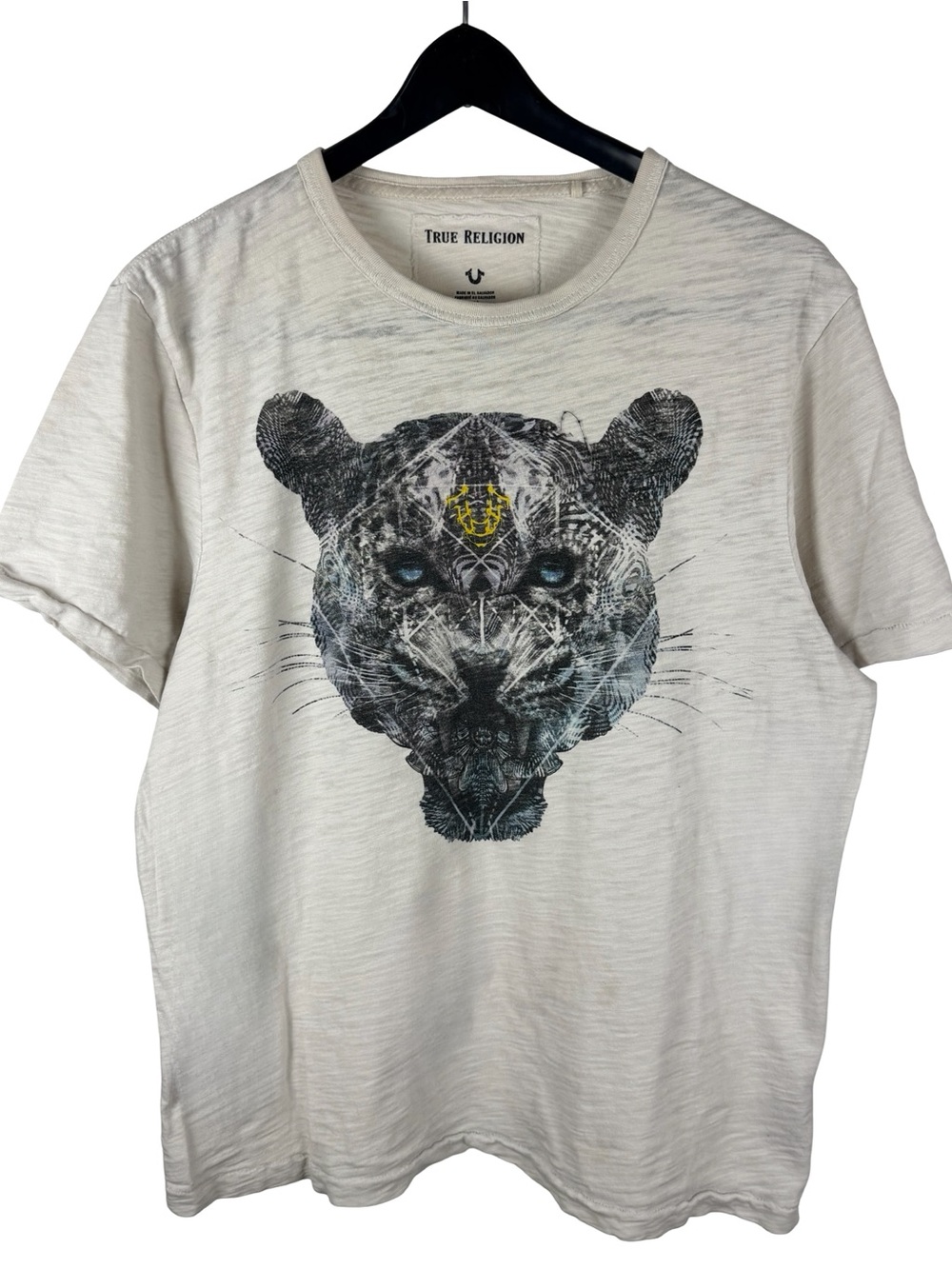 Mens Y2K True Religion Paper Thin Single Stitch Tiger Cream Graphic Shirt Size L